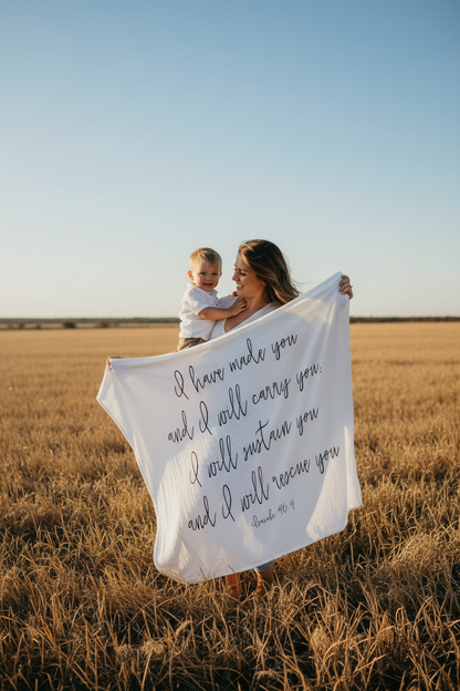 Isaiah 46:4 organic cotton Scripture swaddle by Modern Burlap