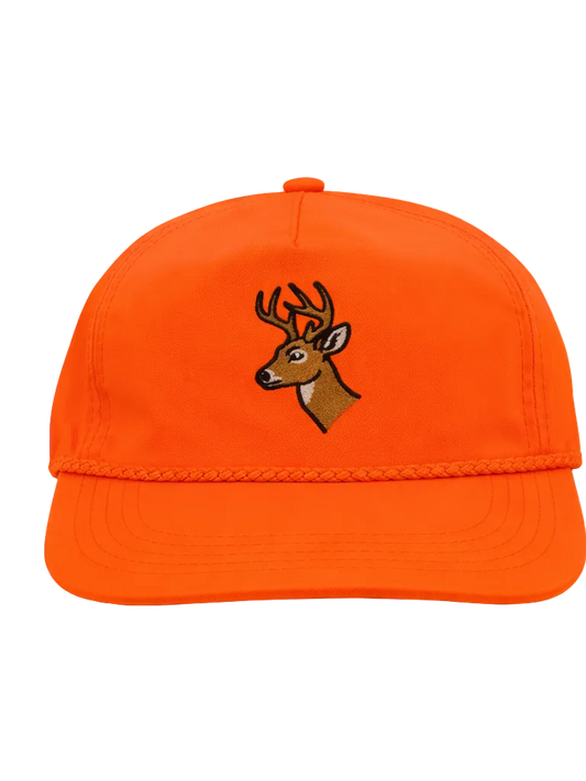 Lischka Brothers Whitetail Deer Rope Cap, Blaze Orange, front view showing the design and rope detail