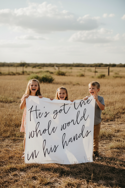 He's Got the Whole World in His Hands Swaddle + Wall Art | GOTS Certified Organic Cotton Muslin