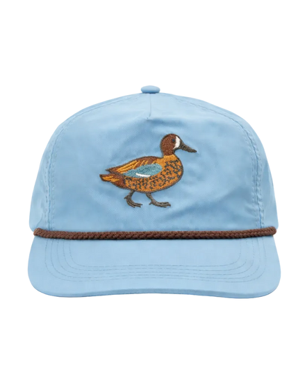 Lischka Brothers Blue-winged Teal Duck Rope Cap, Sky Blue, front view showing the design and rope detail