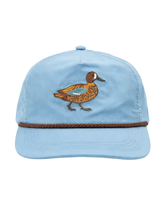 Lischka Brothers Blue-winged Teal Duck Rope Cap, Sky Blue, front view showing the design and rope detail