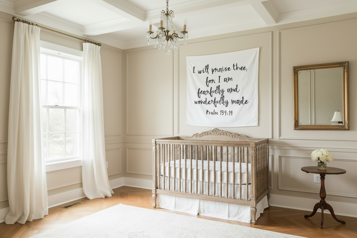 Nursery room with wooden crib, decorative mirror, and wall art.