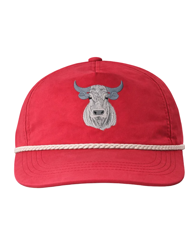 Lischka Brothers Bull Rope Cap, Red, front view showing the design and rope detail
