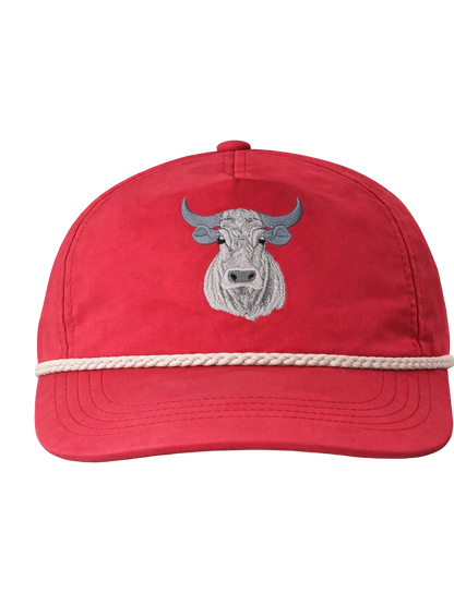 Lischka Brothers Bull Rope Cap, Red, front view showing the design and rope detail