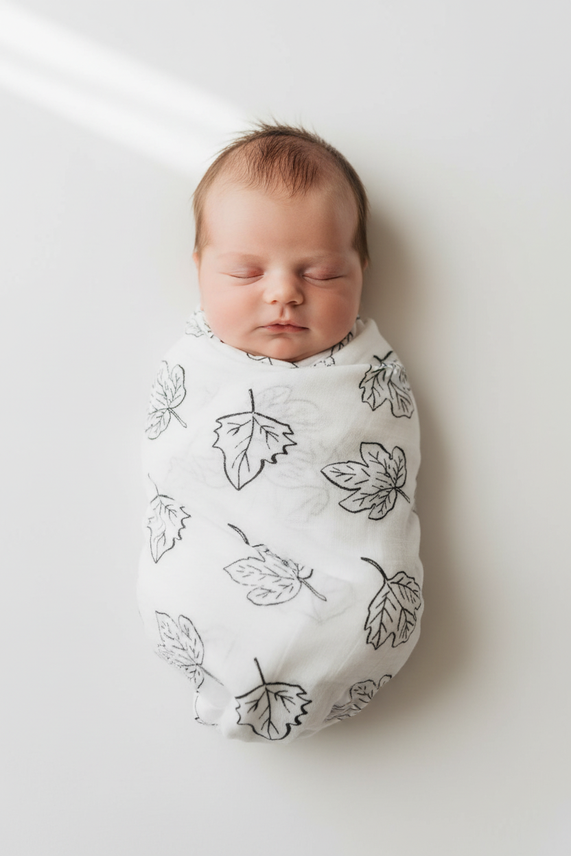 Baby pictured wrapped in Fall Leaves Organic Swaddle.