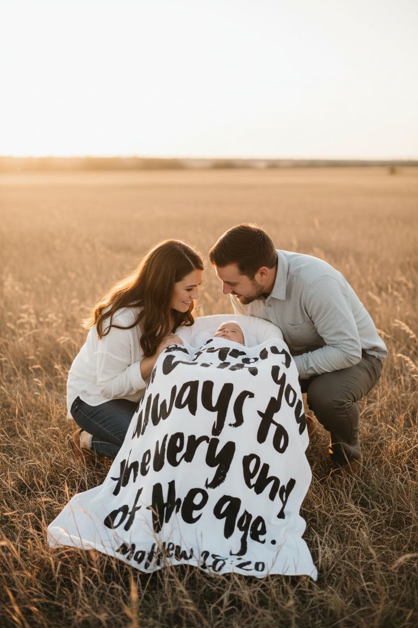 Matthew 28:20 Scripture Swaddle + Wall Art | GOTS Certified Organic Cotton Muslin
