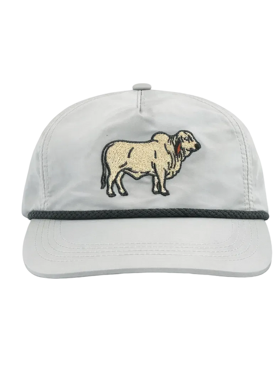 Lischka Brothers Brahman Cattle (Brahma) Rope Cap, Ice Gray, front view showing the design and rope detail