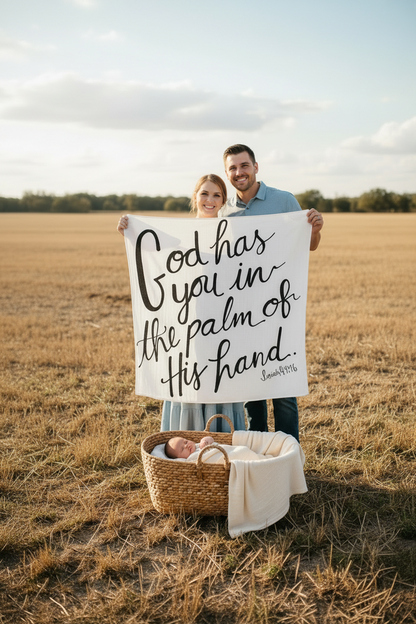 Isaiah 49:16 organic muslin Scripture swaddle and wall art
