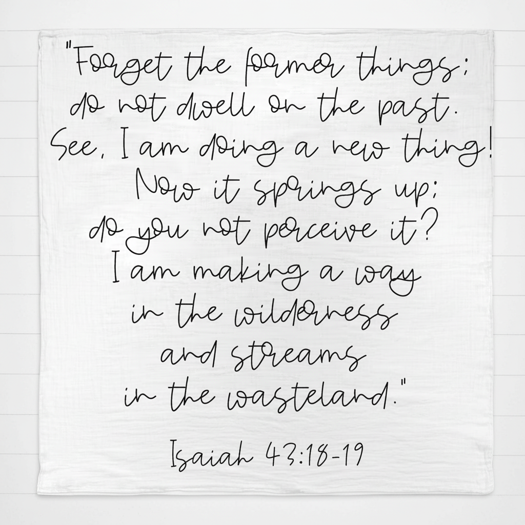 Isaiah 43:18 to 19 Christian Scripture swaddle by Modern Burlap