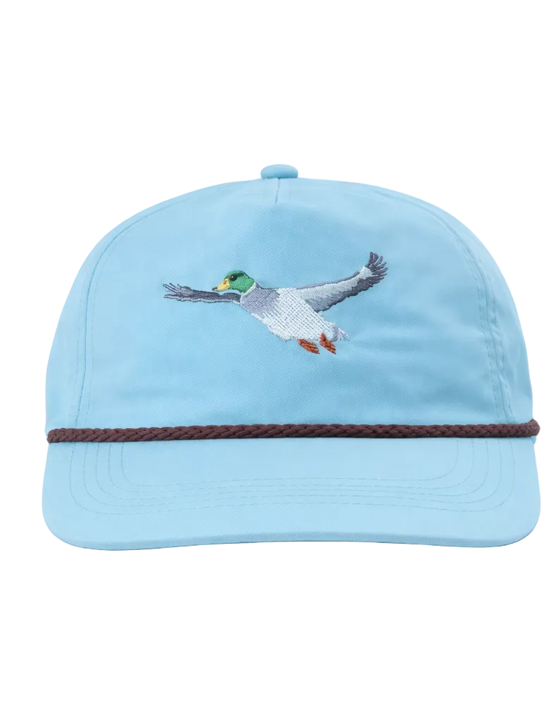 Lischka Brothers Flying Mallard Duck Rope Cap, Aqua I, front view showing the design and rope detail