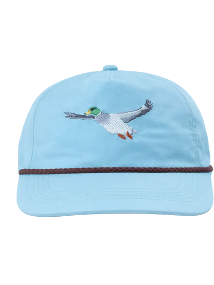 Lischka Brothers Flying Mallard Duck Rope Cap, Aqua I, front view showing the design and rope detail