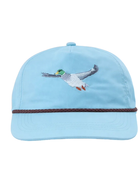 Lischka Brothers Flying Mallard Duck Rope Cap, Aqua I, front view showing the design and rope detail