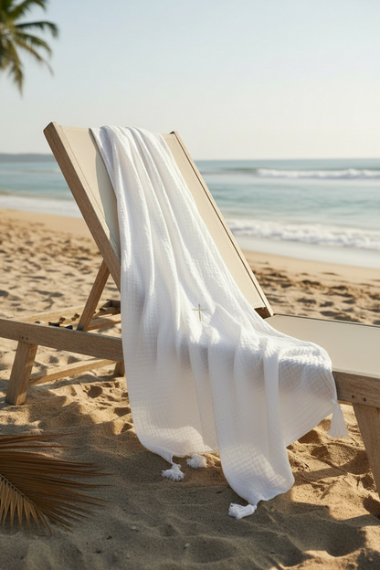 Organic Muslin XL Throw Blanket | White Tassels | GOTS Certified Organic Cotton Muslin