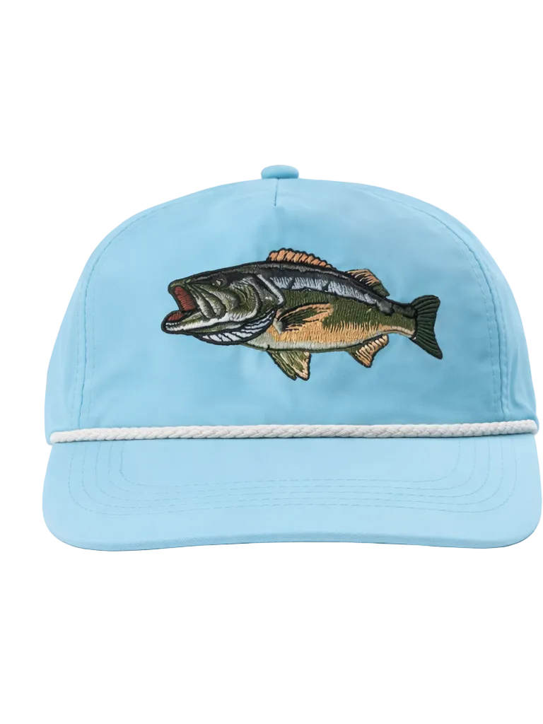Lischka Brothers Large Mouth Bass Rope Cap, Aqua, front view showing the design and rope detail