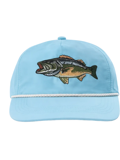 Lischka Brothers Large Mouth Bass Rope Cap, Aqua, front view showing the design and rope detail