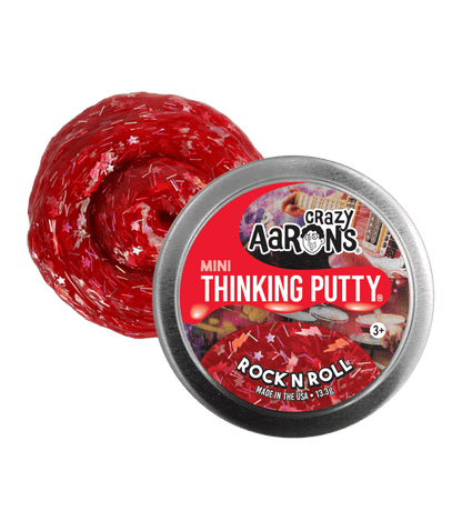 Rock n' Roll Mini Thinking Putty in an open 2-inch tin with its matching lid.