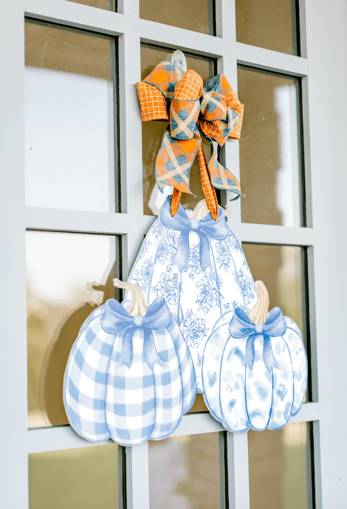 
                  
                    Load image into Gallery viewer, Front Porch Elegance - Pumpkin Trio (Blue)- Door Hanger: No Bow- Ribbon Hanger Only
                  
                