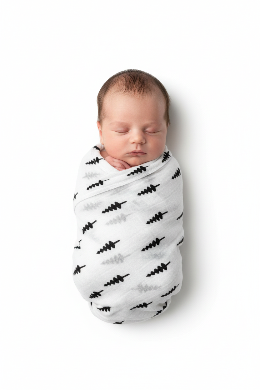Baby pictured wrapped in Trees Organic Swaddle.