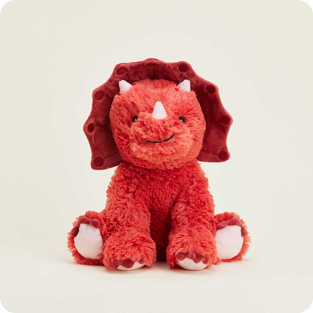 Red Triceratops Warmies plush seated upright, front view.