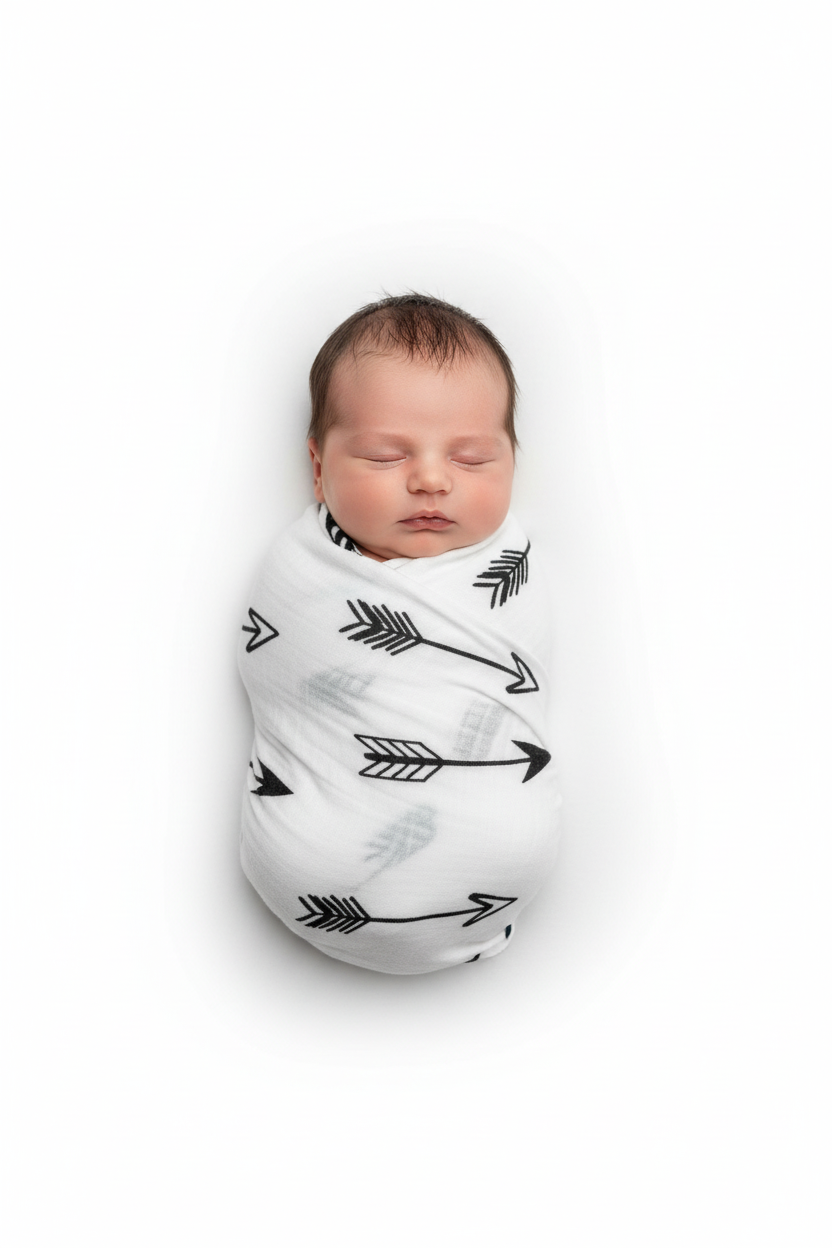 Baby pictured wrapped in Arrows Organic Swaddle.
