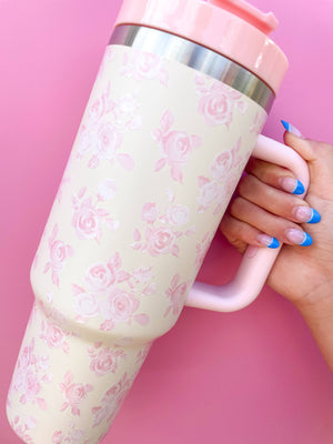 
                  
                    Load image into Gallery viewer, Rock Paper Scissors - Cream &amp;amp; Pink Floral 40oz Tumbler
                  
                