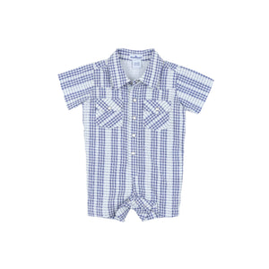 
                  
                    Load image into Gallery viewer, BlueQuail Clothing Co. - Navy Plaid Pearl Snap Romper: 6-12m
                  
                