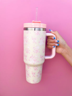 
                  
                    Load image into Gallery viewer, Rock Paper Scissors - Cream &amp;amp; Pink Floral 40oz Tumbler
                  
                