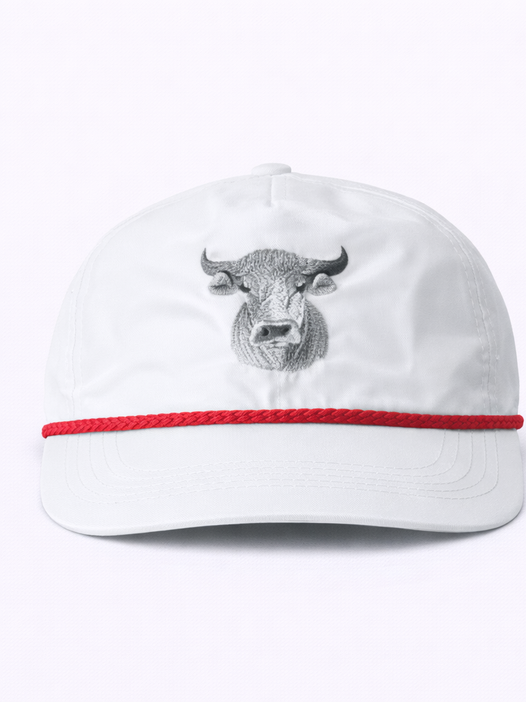 Lischka Brothers Bull Rope Cap, White/Red, front view showing the design and rope detail
