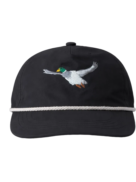 Lischka Brothers Flying Mallard Duck Rope Cap, Black, front view showing the design and rope detail