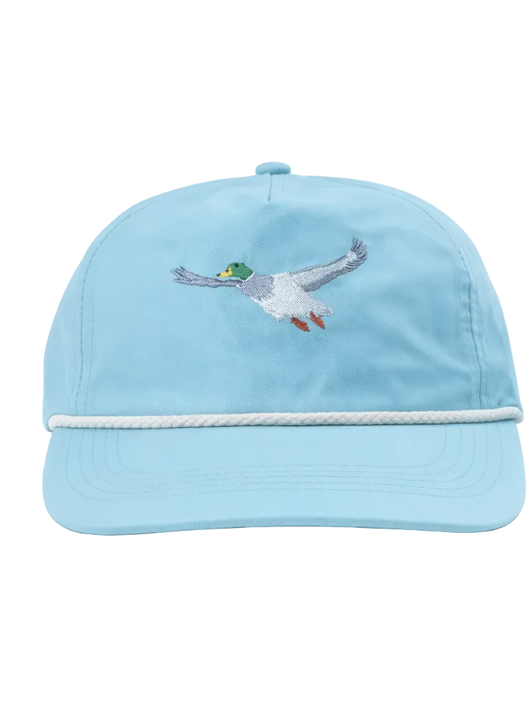 Lischka Brothers Flying Mallard Duck Rope Cap, Aqua, front view showing the design and rope detail