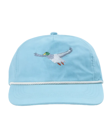 Lischka Brothers Flying Mallard Duck Rope Cap, Aqua, front view showing the design and rope detail
