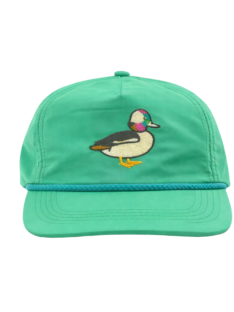 Lischka Brothers Bufflehead Duck Rope Cap, Green, front view showing the design and rope detail