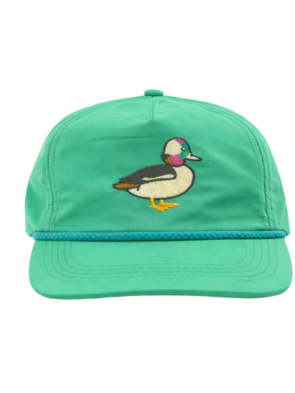 Lischka Brothers Bufflehead Duck Rope Cap, Green, front view showing the design and rope detail