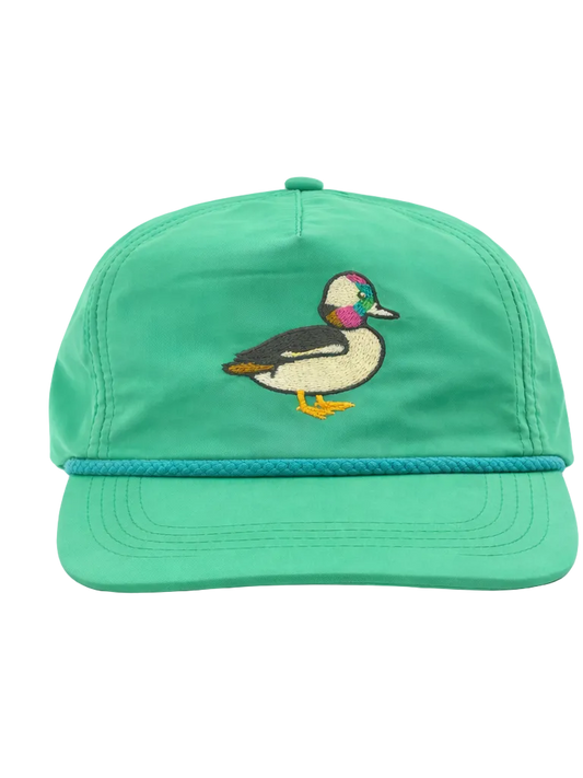 Lischka Brothers Bufflehead Duck Rope Cap, Green, front view showing the design and rope detail