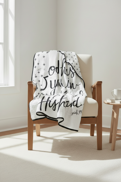 Swiss Cross + Isaiah 49:16 Reversible Muslin Quilt | GOTS Certified Organic Cotton Muslin | 8 Layer