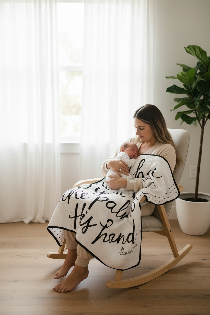 Swiss Cross + Isaiah 49:16 Reversible Muslin Quilt | GOTS Certified Organic Cotton Muslin | 8 Layer