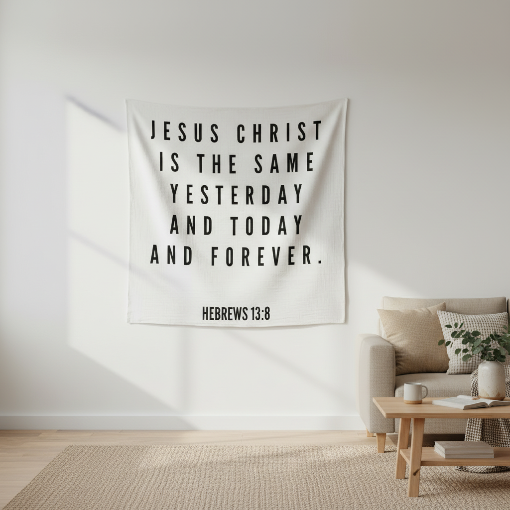 Wall tapestry with religious quote in a living room setting cotton muslin black and white Textile with a quote hanging xxl 47x 47 in textile