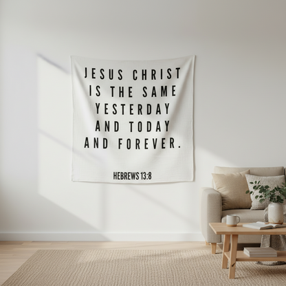 Wall tapestry with religious quote in a living room setting cotton muslin black and white Textile with a quote hanging xxl 47x 47 in textile