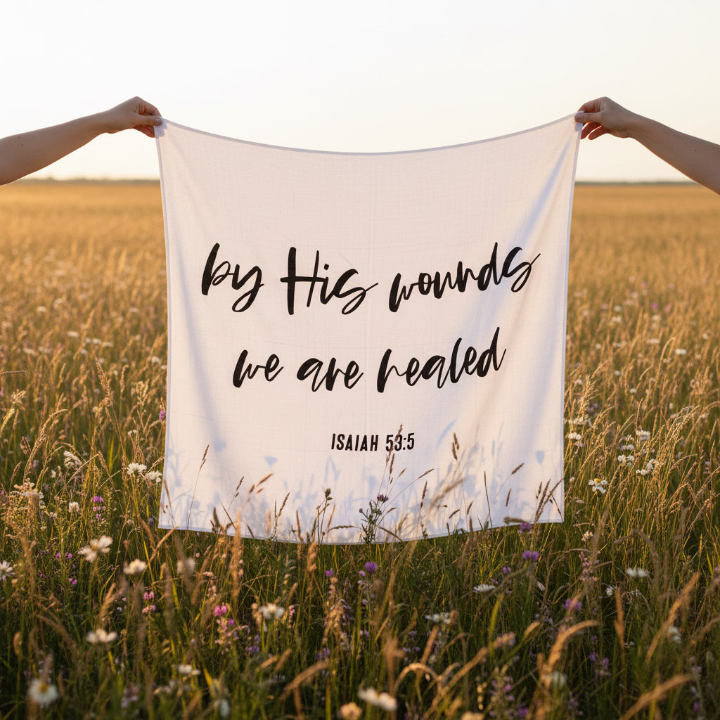 Isaiah 53:5 GOTS organic cotton muslin Scripture swaddle by Modern Burlap