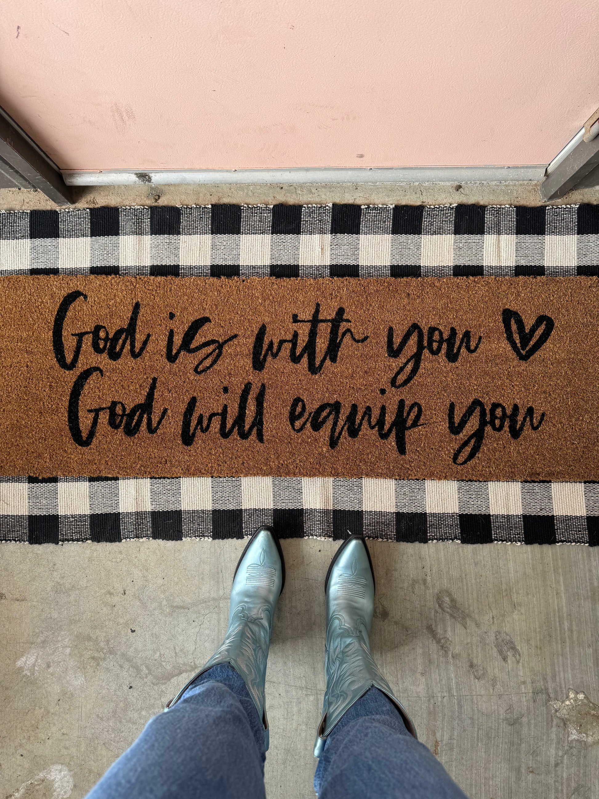 God Is With You, God Will Equip You XL coconut coir Christian doormat by Modern Burlap