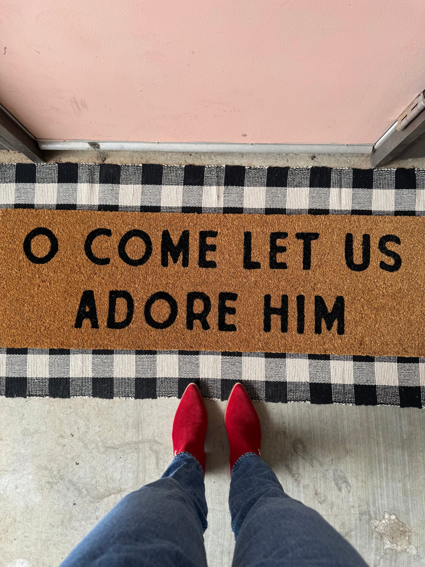 O Come Let Us Adore Him XL coconut coir Christian Christmas doormat by Modern Burlap