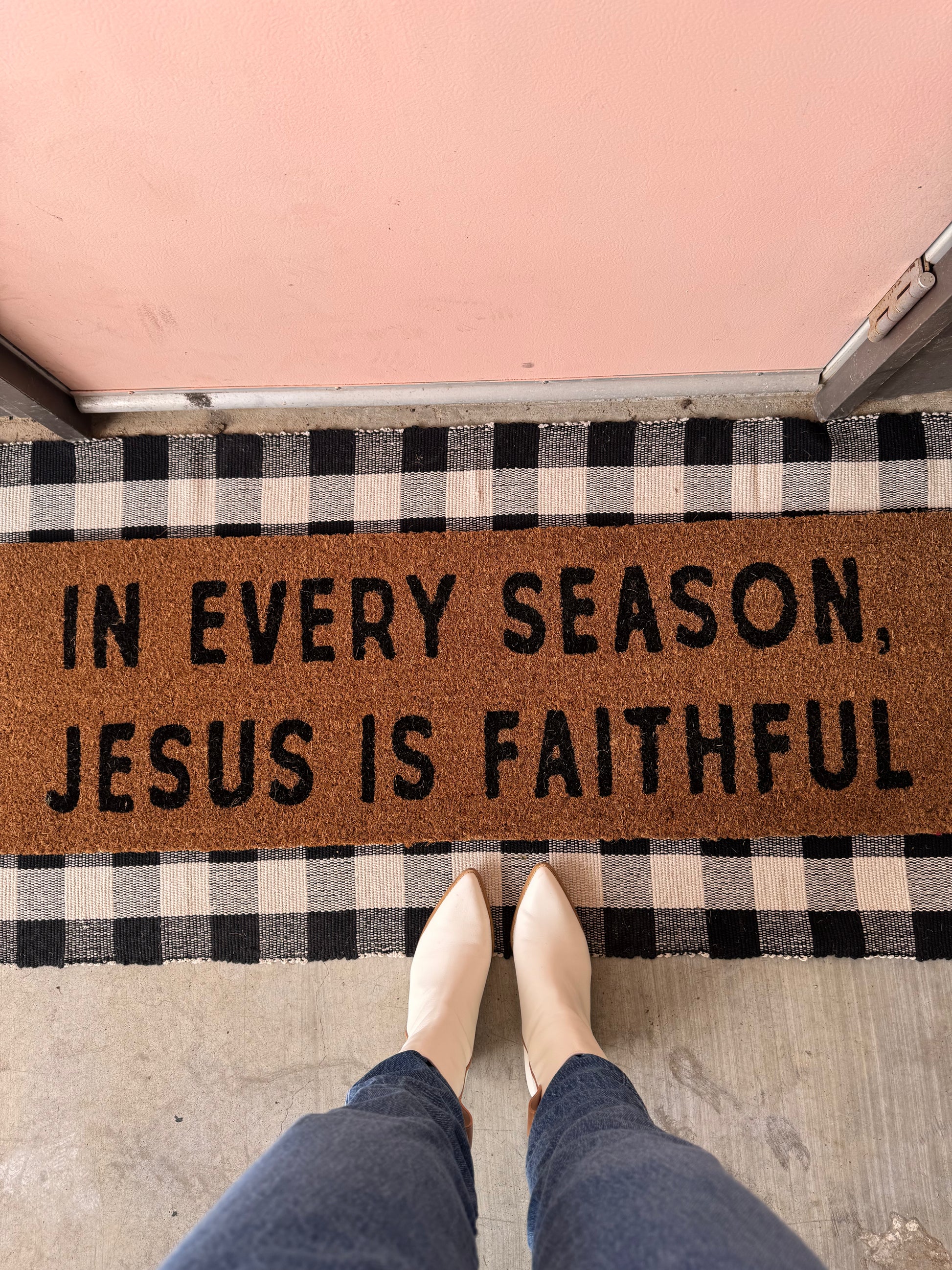 In Every Season, Jesus Is Faithful XL coconut coir Christian doormat by Modern Burlap