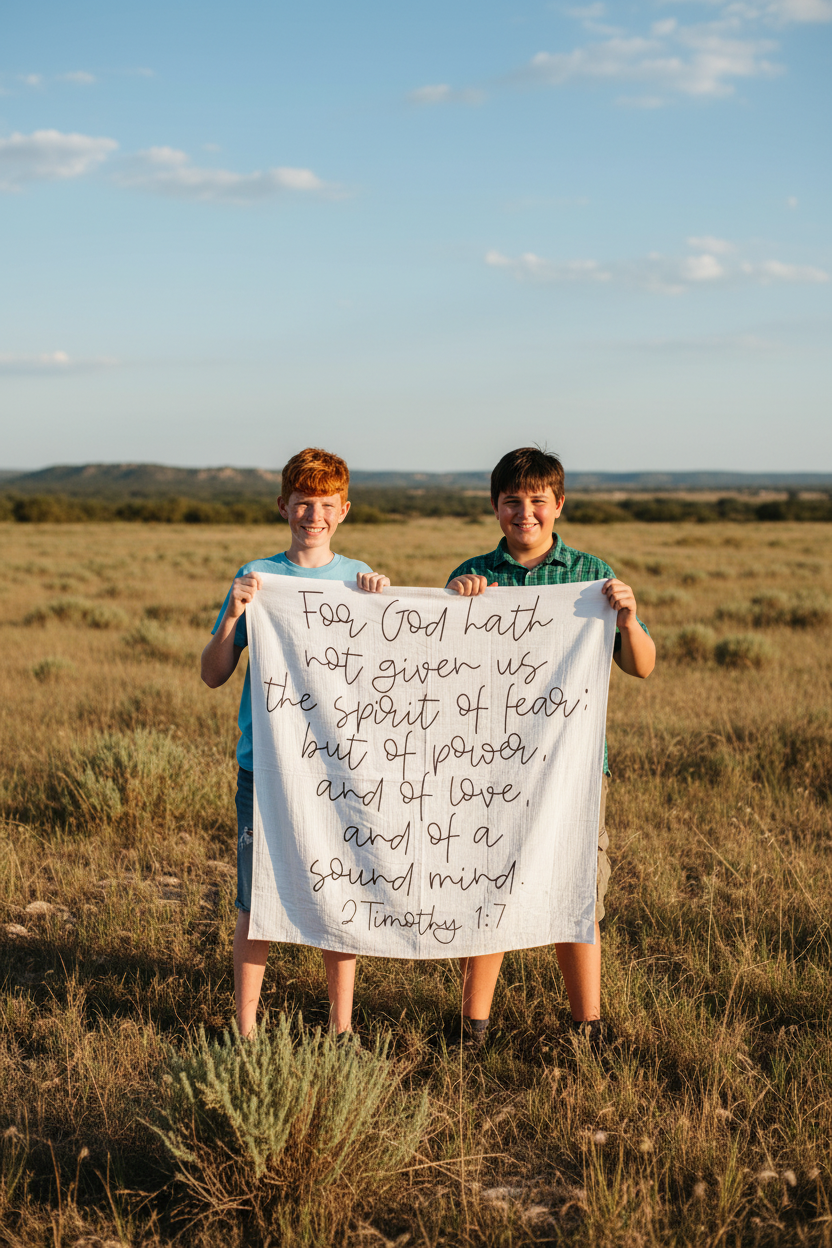 2 Timothy 1:7 organic cotton muslin Scripture swaddle and wall art