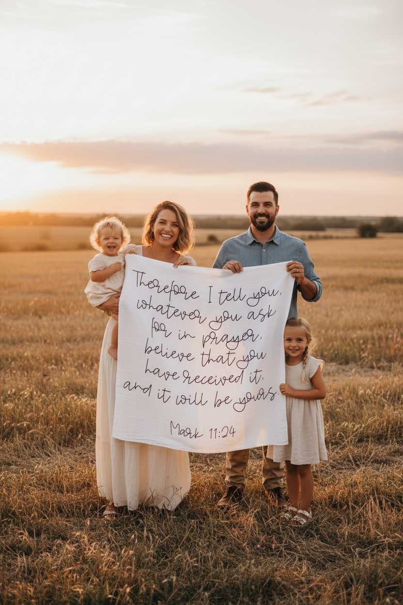 Mark 11:24 organic cotton muslin Scripture swaddle and wall art