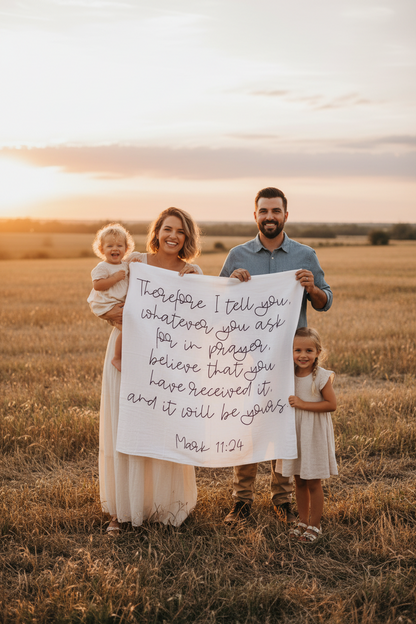 Mark 11:24 organic cotton muslin Scripture swaddle and wall art