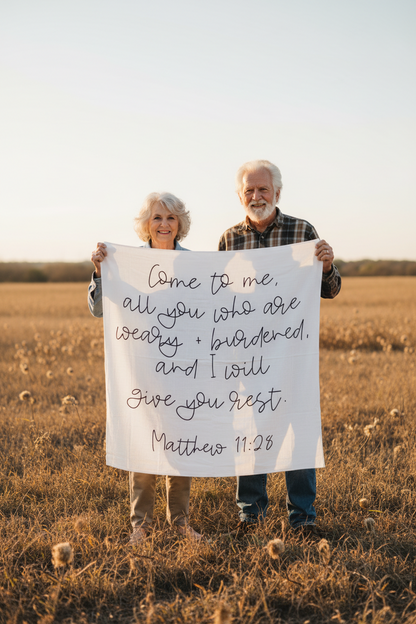 Matthew 11:28 organic cotton muslin Scripture swaddle and wall art