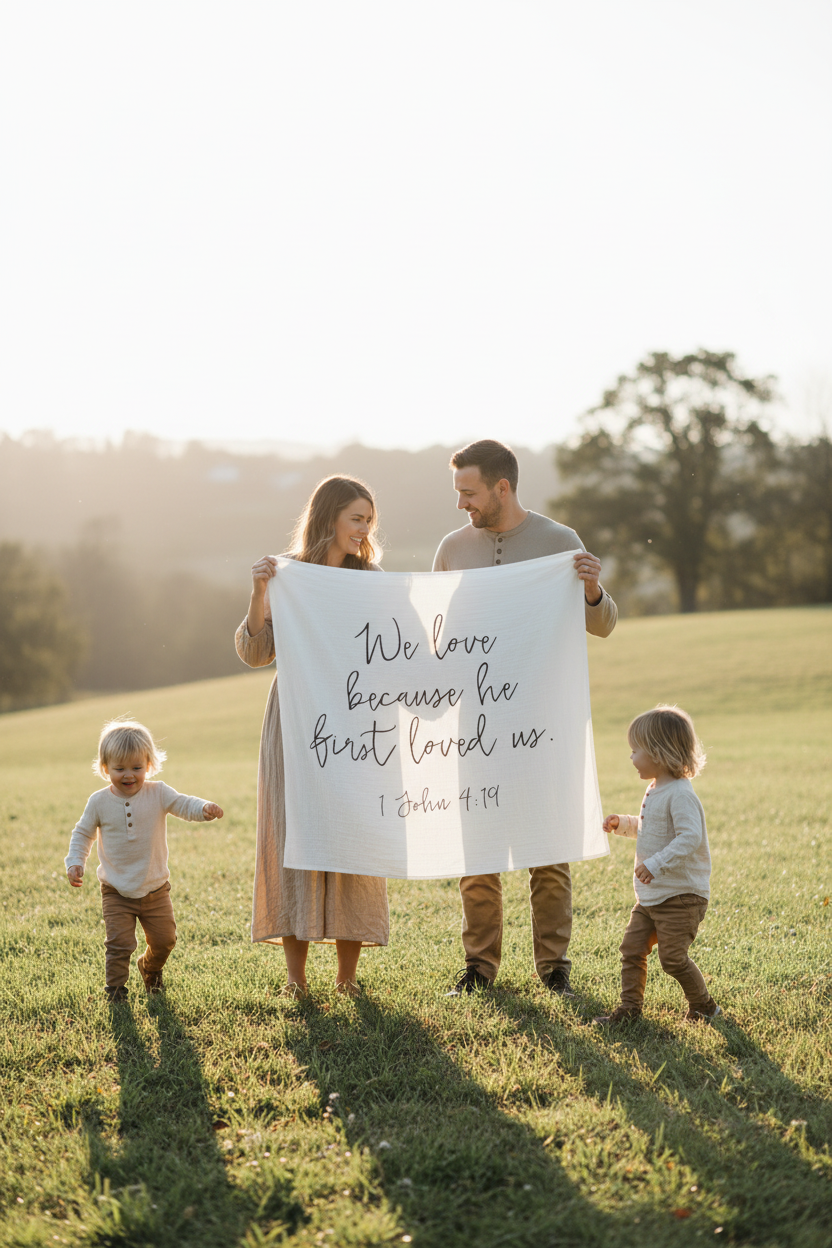 Family holding up 1 John 4:19 Scripture Swaddle.