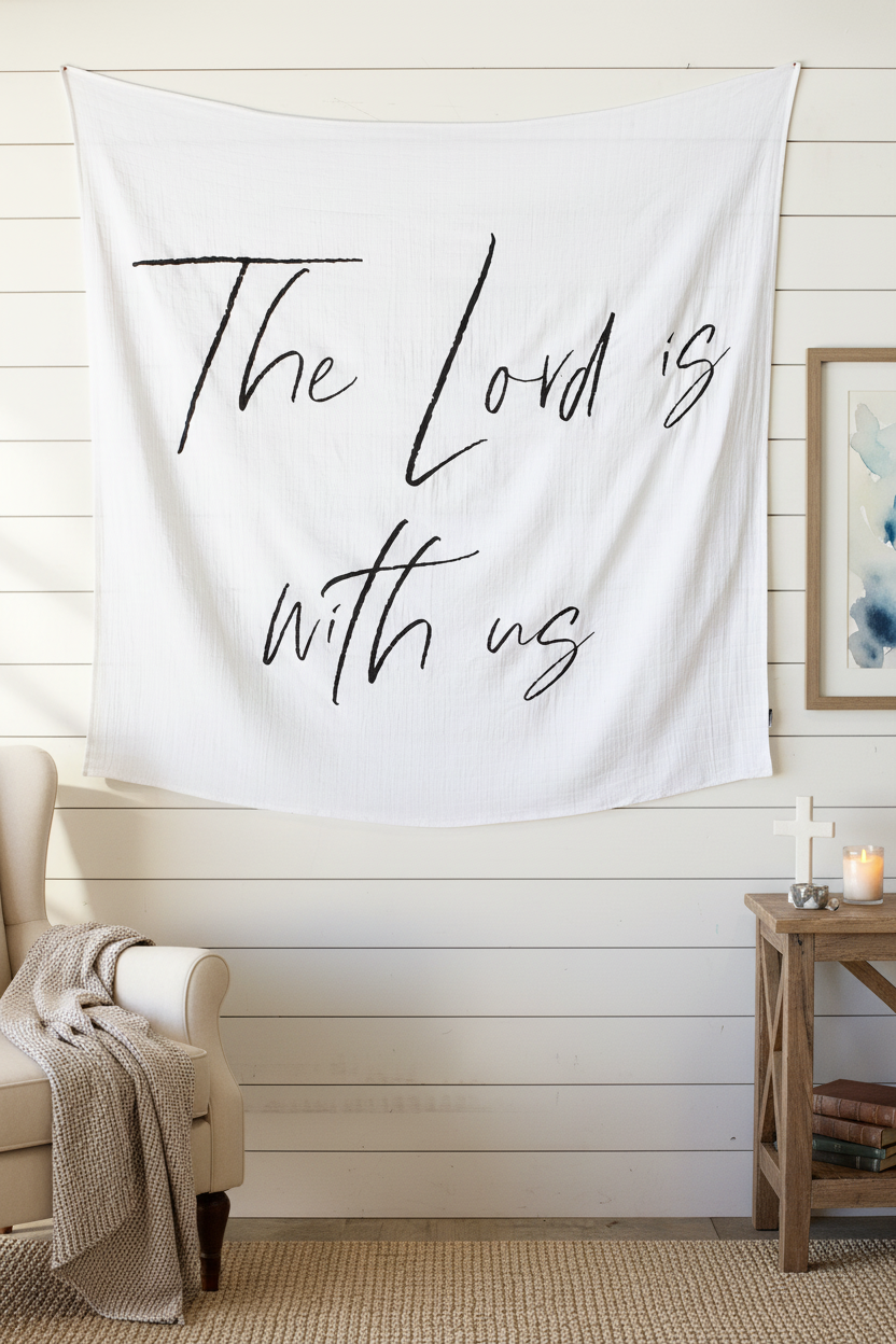 The Lord Is With Us Scripture Swaddle + Wall Art | GOTS Certified Organic Cotton Muslin