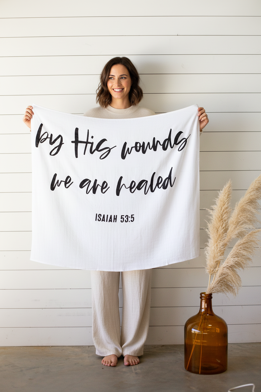 Isaiah 53:5 Scripture swaddle styled for nursery display
