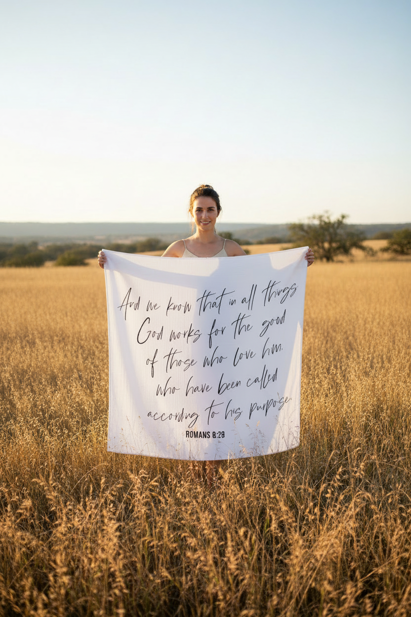 Romans 8:28 organic muslin Christian baby swaddle